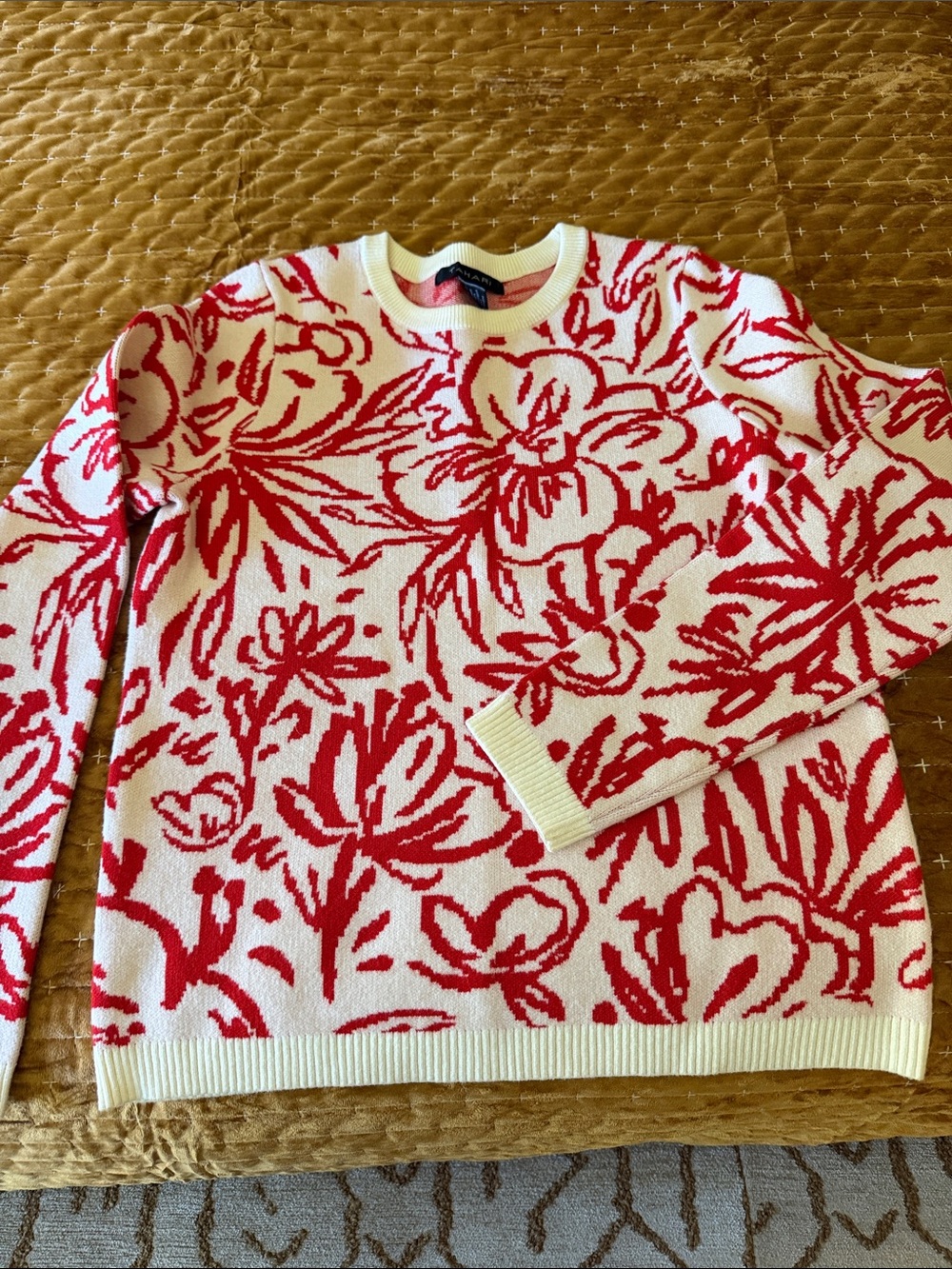 Tahari White Crewneck Sweater with Red Floral Jacquard